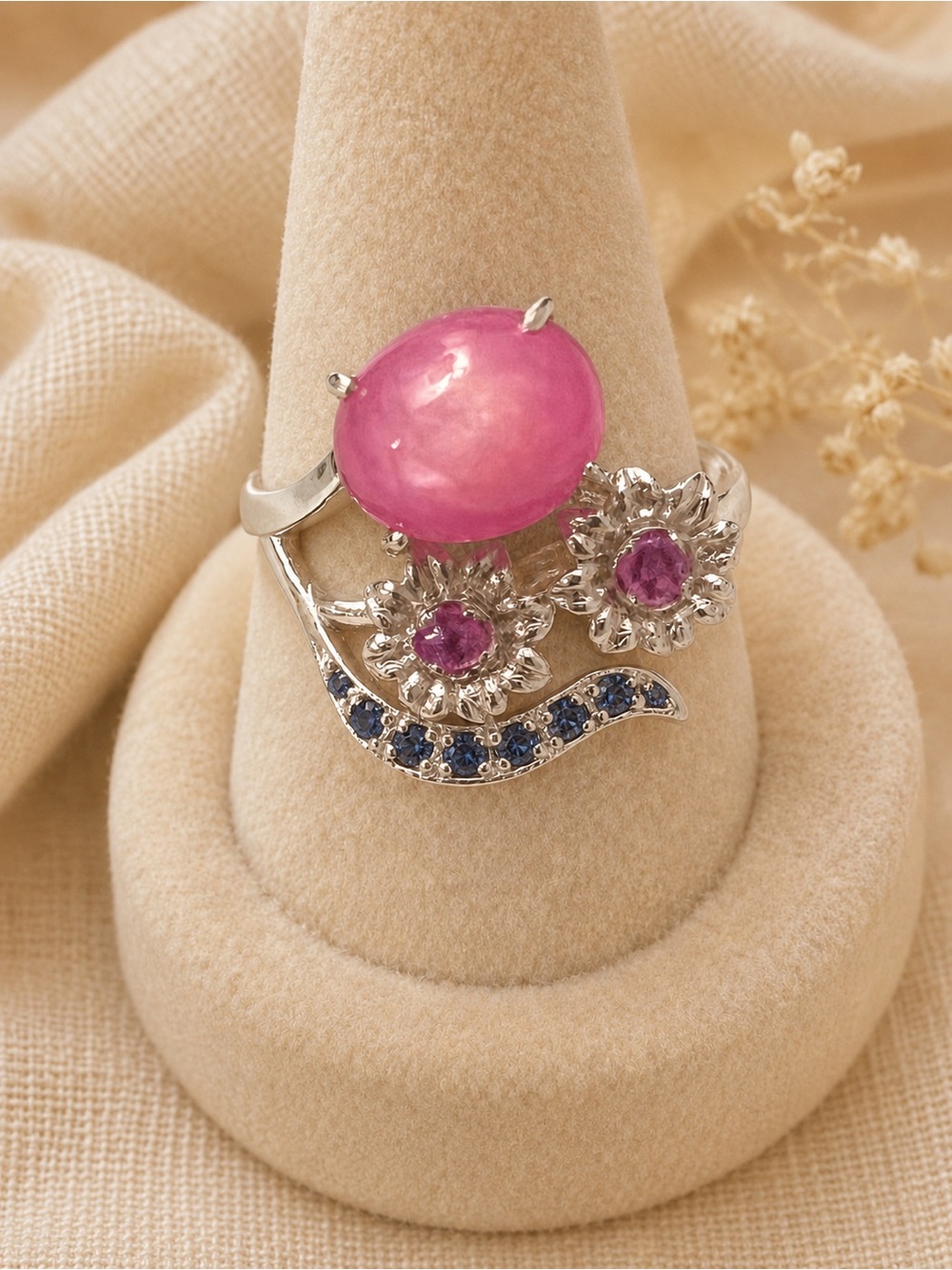 Bespoke 925 Sterling Silver Star Ruby Pink & Blue Sapphire Ring NEW 7.75 #680